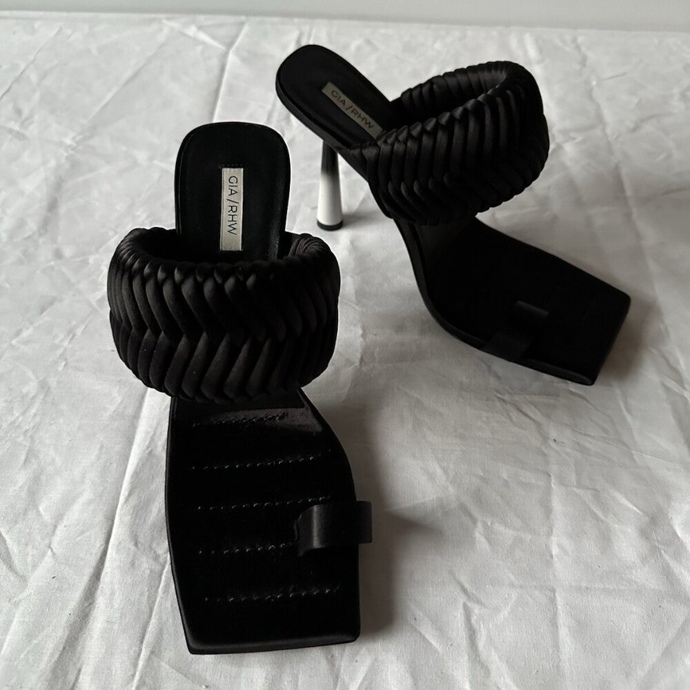 GIA BORGHINI x RHW Toe Ring Mule Heels Black Satin Leather